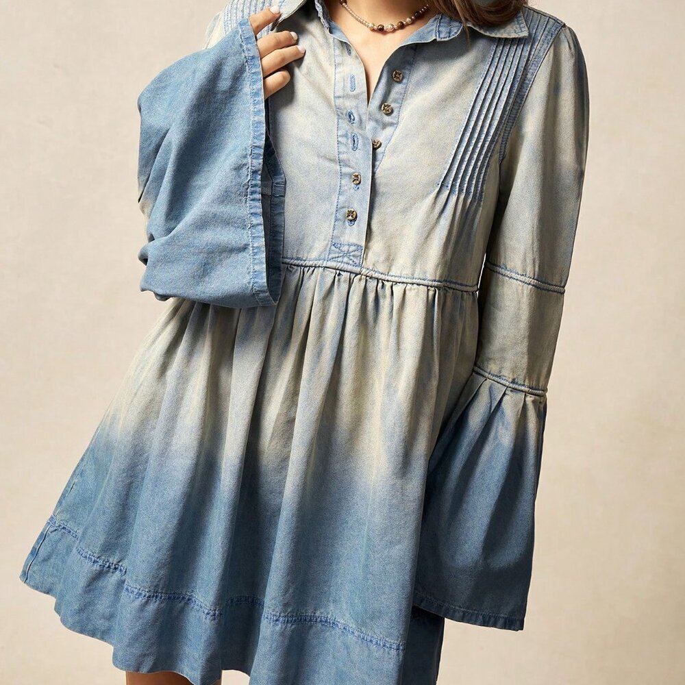 Blue Boho Women's Mini Dress with Flare Sleeves